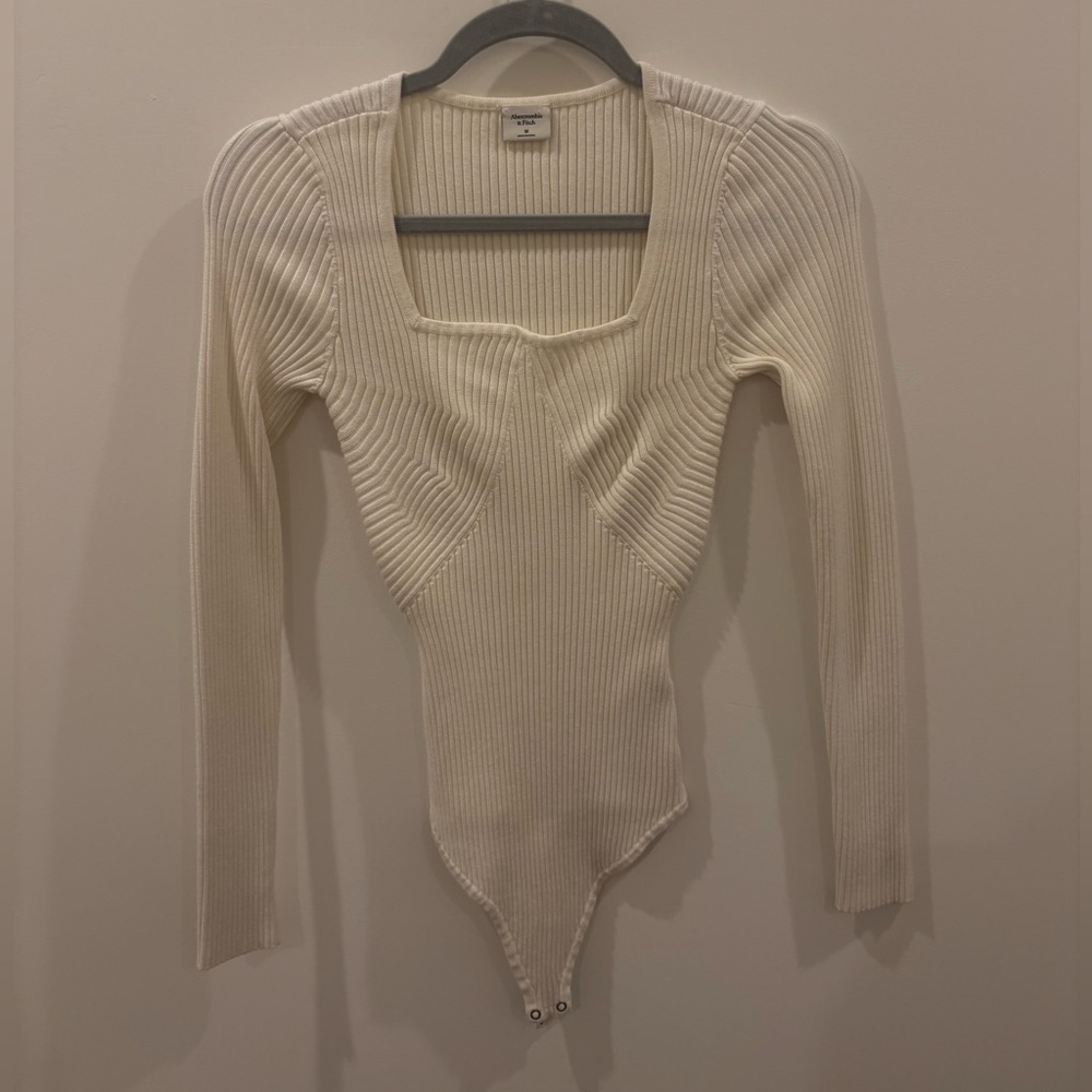 Abercrombie & Fitch Cream Ribbed Long Sleeve Bodysuit